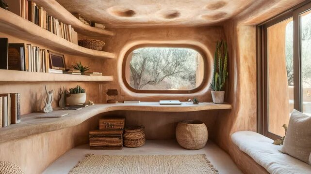 desert-inspired home studio with clay-toned walls, built-in adobe shelves, curved stucco desk, and woven textures,
