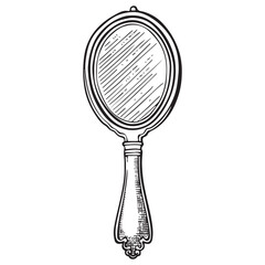Vintage hand mirror vector sticker, black and white vector illustration