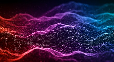 Vibrant Particle Wave: Abstract Digital Landscape in Red, Blue, and Purple Hues