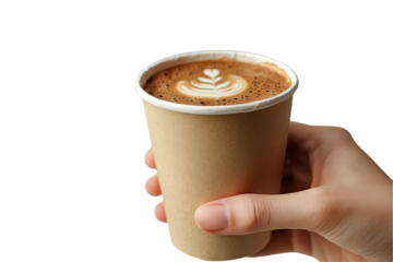 Paper coffee cup with decorative latte art in foam, held by hand, beige material, isolated on a transparent background