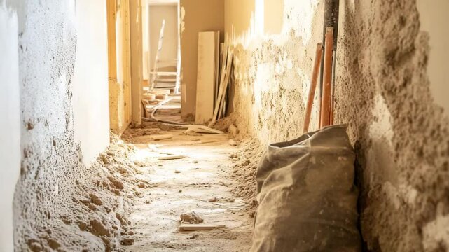 Earth-toned hallway under construction with natural clay wall finish, rough flooring, tools in canvas bag on ground
