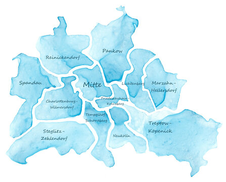 Watercolor map of Berlin's districts in blue tones