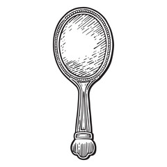 Vintage hand mirror vector sticker, black and white vector illustration