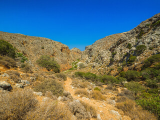 Gorge hiking trails surrounded by dried bushland (Zakros, Crete, Greece)