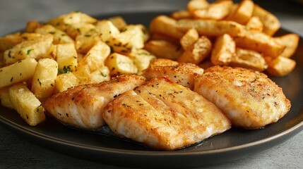 Crispy pan-fried fish and chips on dark plate