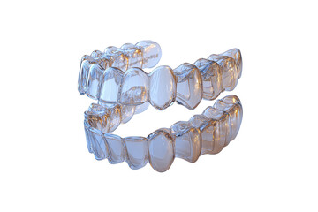 Transparent dental aligners with slight blue tint designed for invisible teeth correction, isolated on a transparent background