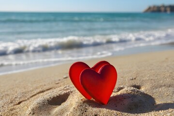 Fototapeta premium Love. Two red hearts on the beach symbolizing love, Valentine s Day, romantic couple.