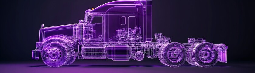 Purple holographic truck on a dark background, modern and futuristic design.