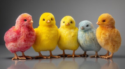 Naklejka premium A group of colorful chicks standing together, showcasing vibrant feathers and playful nature.