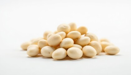 Pile of white beans against a stark white backdrop, agriculture, macro, cooking