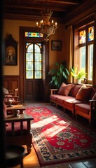Generative AI image showcases a sunlit classic living room with elegant decor and furniture