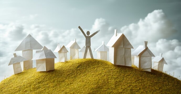 Paper houses atop grassy hill. Person stands arms raised, celebrating success. Bright sky, fluffy clouds complete scene.