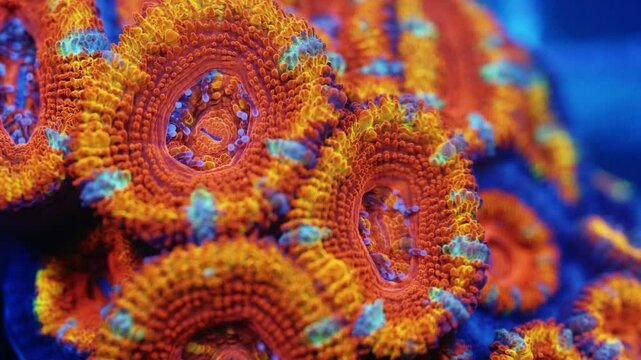 Extreme macro close-up of an Acanthastrea Lordhowensis coral under actinic lighting. The polyps display vivid orange skeletal ridges and scattered patches of turquoise, lime, and violet fluorescence.