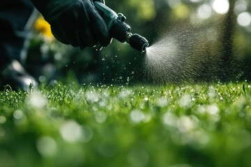 Person spraying pesticide on lawn