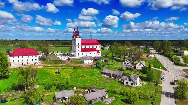 Skaistkalne Rural Church of the Assumption of the Blessed Virgin Mary In Latvia. Aerial Drone Shot