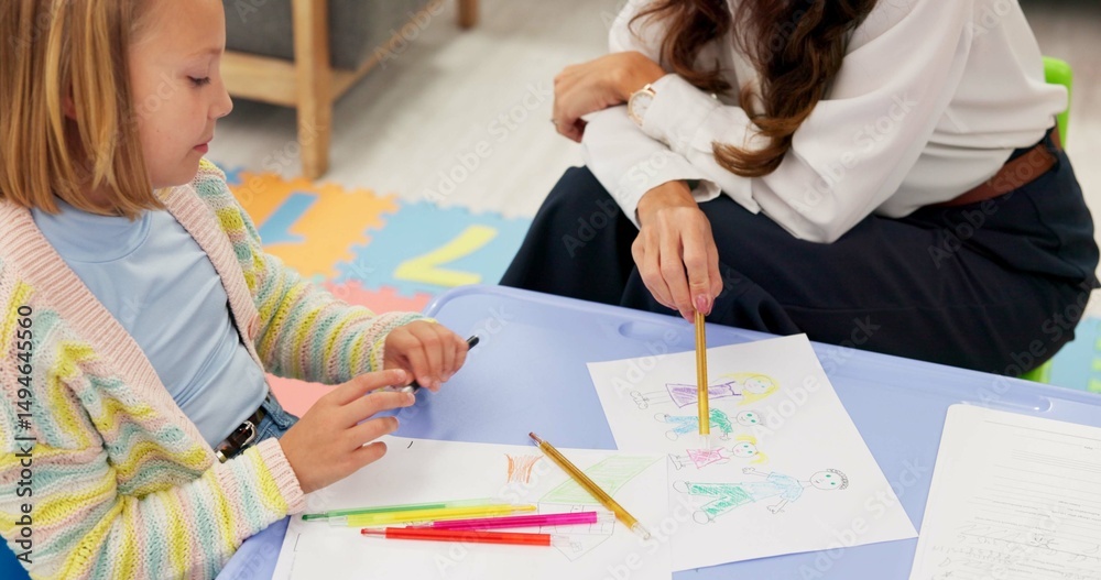 Poster art, education and hands of teacher with student at table for distance learning or home school. cour