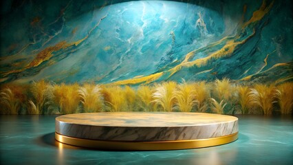 Tranquil autumn landscape with a boat on a mountain lake reflecting the vibrant forest and sky podium