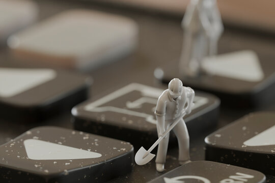 Miniature figurines working on a remote control in a 3D conceptual scene