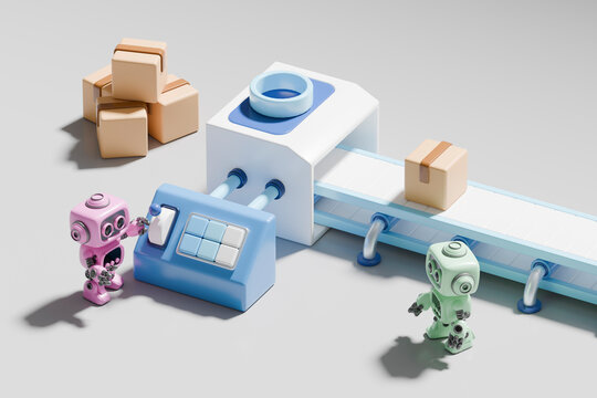 3D rendering of robots working in a logistics setting with a conveyor belt and packages