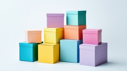 Fototapeta premium Colorful boxes stacked in a pyramid shape against a white background