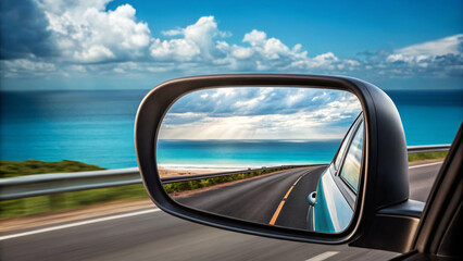 Fototapeta premium Scenic Coastal Drive Reflection in Side Mirror with Beautiful Ocean Background