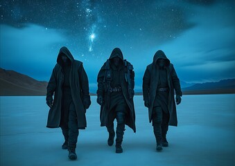 Mysterious figures walking under starry sky