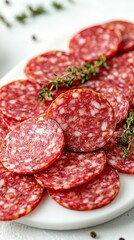 Salami slices on white surface with herb garnish