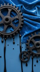 Fototapeta premium Sky blue velvet mat beneath black gears breaking into drips wallpaper background vertical design concept