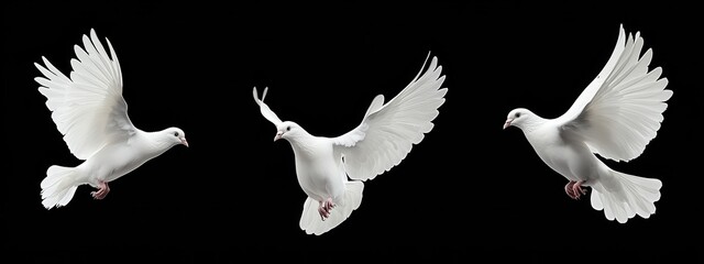 Three White Doves in Flight Against Black Background