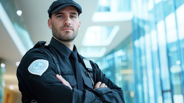 A security guard standing in a modern office building.
