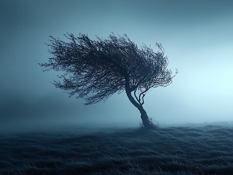 Ethereal solitary tree on a misty field evoking stillness and resilience