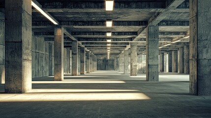 Naklejka premium A large, empty concrete room with concrete pillars and beams, illuminated by fluorescent lights, with a concrete floor and ceiling, and a concrete wall with a window.