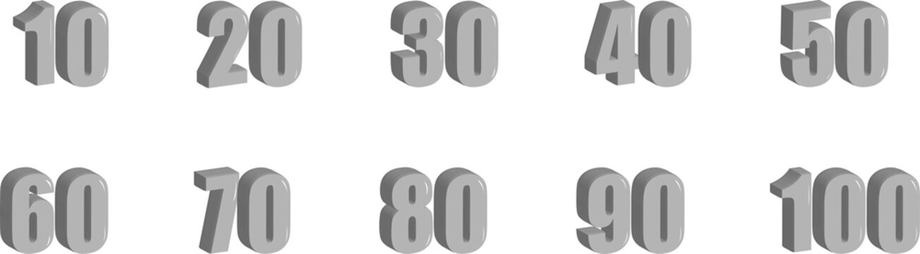 silver ballon numbers. Ten to one hundred multiples of ten shown as silver 3D numbers in two rows.