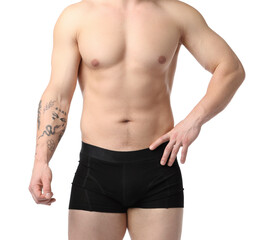 Young man in stylish black underwear on white background, closeup