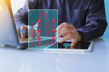 Email marketing concept, person reading email spam on laptop, receiving new messages Email inbox....