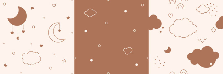 Boho baby seamless patterns. Gender neutral color repeating pictures with kawaii clouds and leaves rainbows moon hearts.