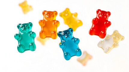 Flying jelly gummy bears on transparent background
