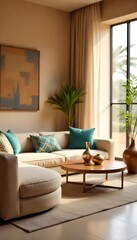 Fototapeta premium Generative AI Serene living room boasts natural light and neutral tones