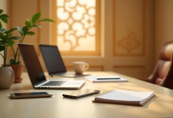 Fototapeta premium Generative AI A refined workspace featuring laptops, notebooks, and smartphones in a tranquil setting