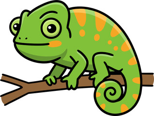 Cute Vector Chameleon with Orange Spots Sitting on Tree Branch – Cartoon Jungle Reptile Illustration