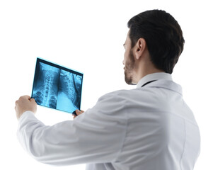 Doctor examining neck MRI scan on white background, low angle view