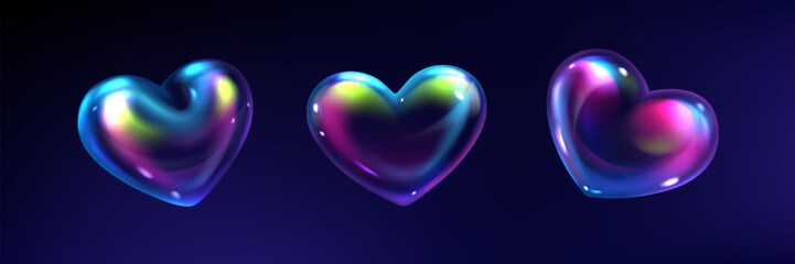 3d soap heart shaped bubbles in iridescent rainbow colors. Glossy reflective surface and translucent shiny texture. Holographic spectrum hues gradient cute romantic valentine day love symbols.