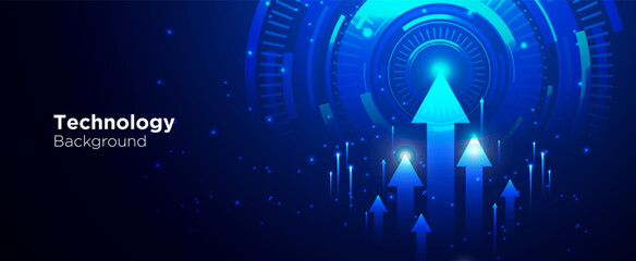 Business Technology Growth Arrow On Dark Blue Background With Future World Rings Neon Light Effect For Presentation Illustration