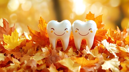 Smiling teeth in autumn leaves