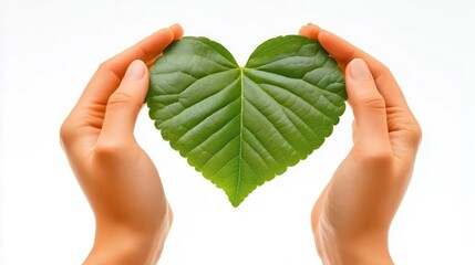 Hands holding heartshaped green leaf nature ecology