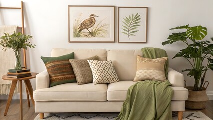 Cozy and stylish living room featuring a cream sofa with decorative pillows and plants