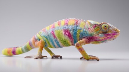 Obraz premium A vibrant chameleon showcasing a rainbow of colors in a striking pose.