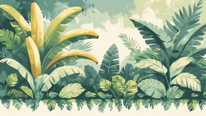 Lush Tropical Banana Tree and Leaf Illustration for Backgrounds or Prints