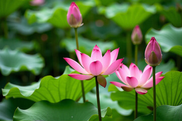Obraz premium Group of pink lotus flowers in a pond surrounded by lush green leaves.