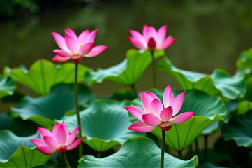 Obraz premium Pond with pink lotus flowers and green leaves in foreground, while background is slightly blurred.